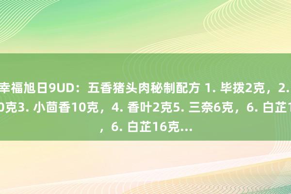 幸福旭日9UD：五香猪头肉秘制配方 1. 毕拨2克，2. 茴香10克3. 小茴香10克，4. 香叶2克5. 三奈6克，6. 白芷16克...